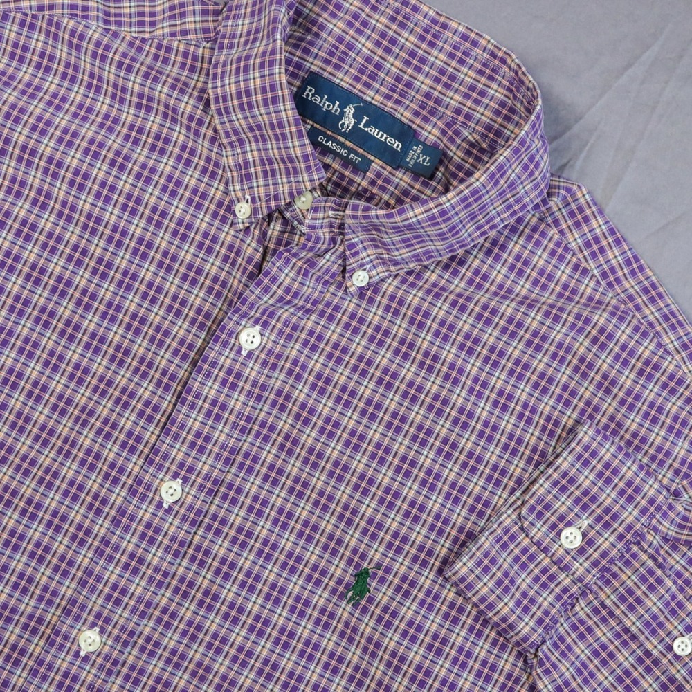 Ralph Lauren Button Down Shirt Men XL Purple Plaid Classic Fit Cotton Green Pony